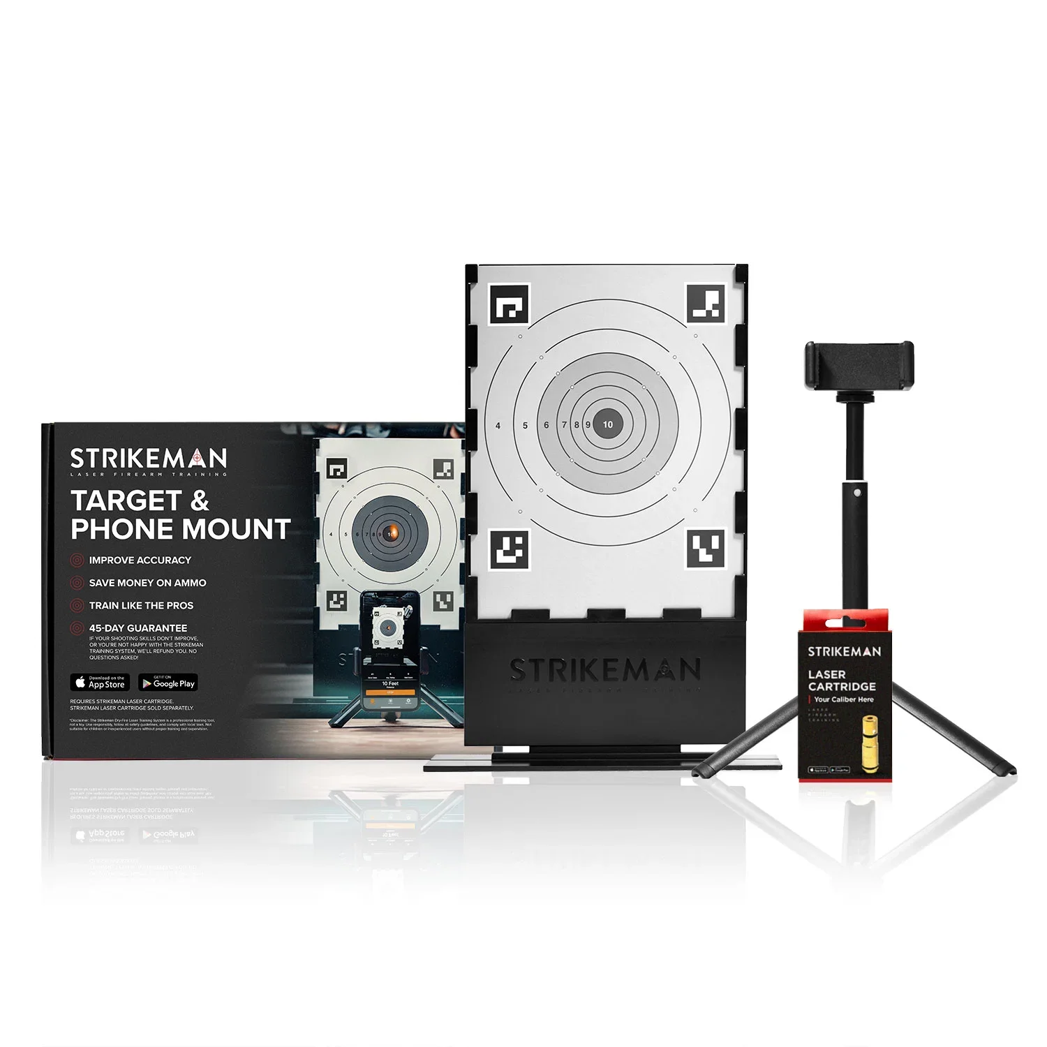 Boxed laser firearm target training system with target and phone mount, a separate target, and a laser cartridge, all branded Strikeman.