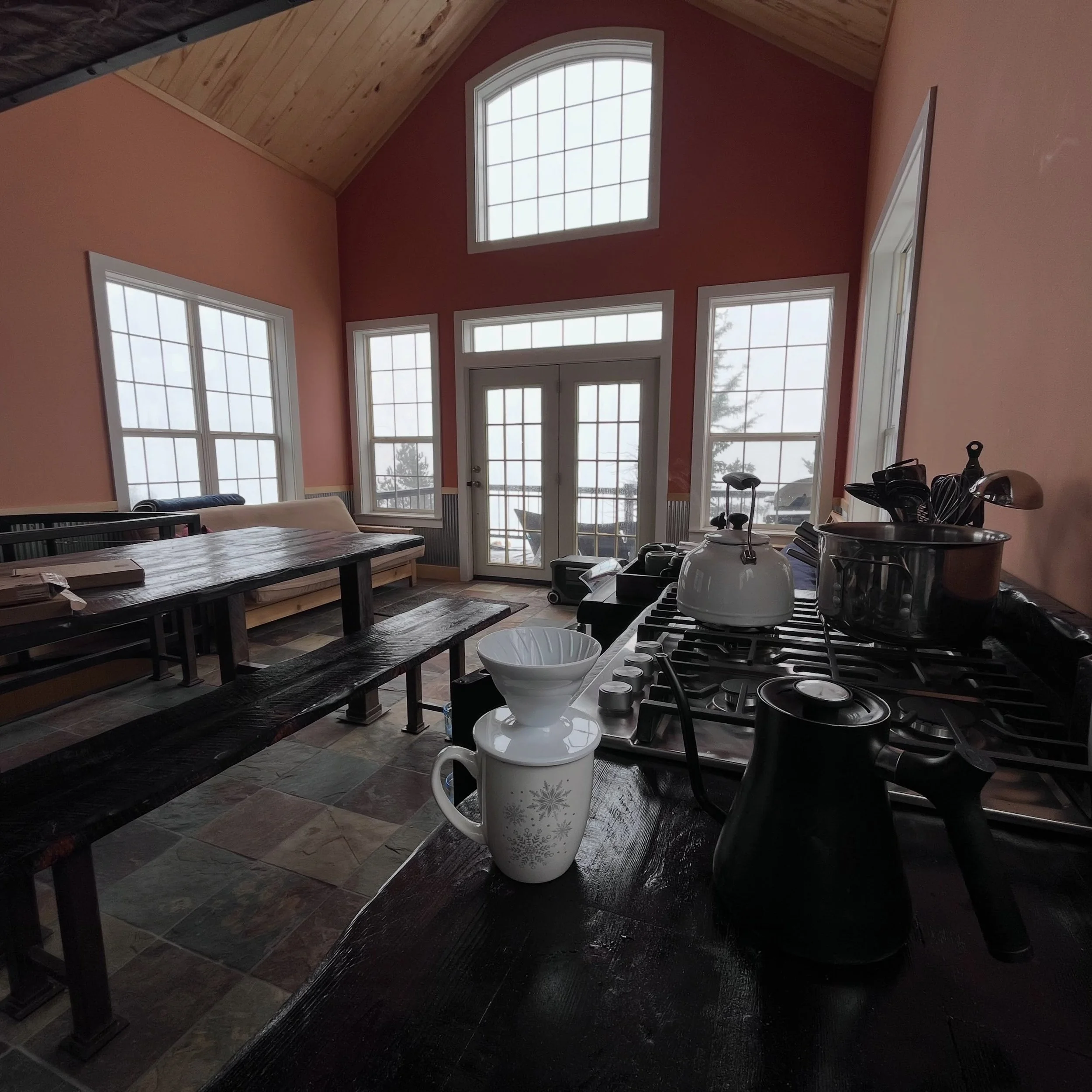 Whiteout window views as this white stuff falls from the sky and we are completely socked in by the clouds. Time for a cozy coffee break!

Bring your own coffee and we have the rest - pour overs and filters, pour over kettle, tea kettle, French press