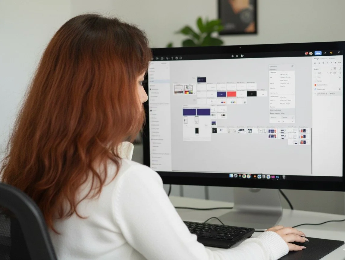 Mulher com cabelo ruivo usando roupa branca, trabalhando em um computador com tela grande mostrando um layout de website ou projeto de design.
