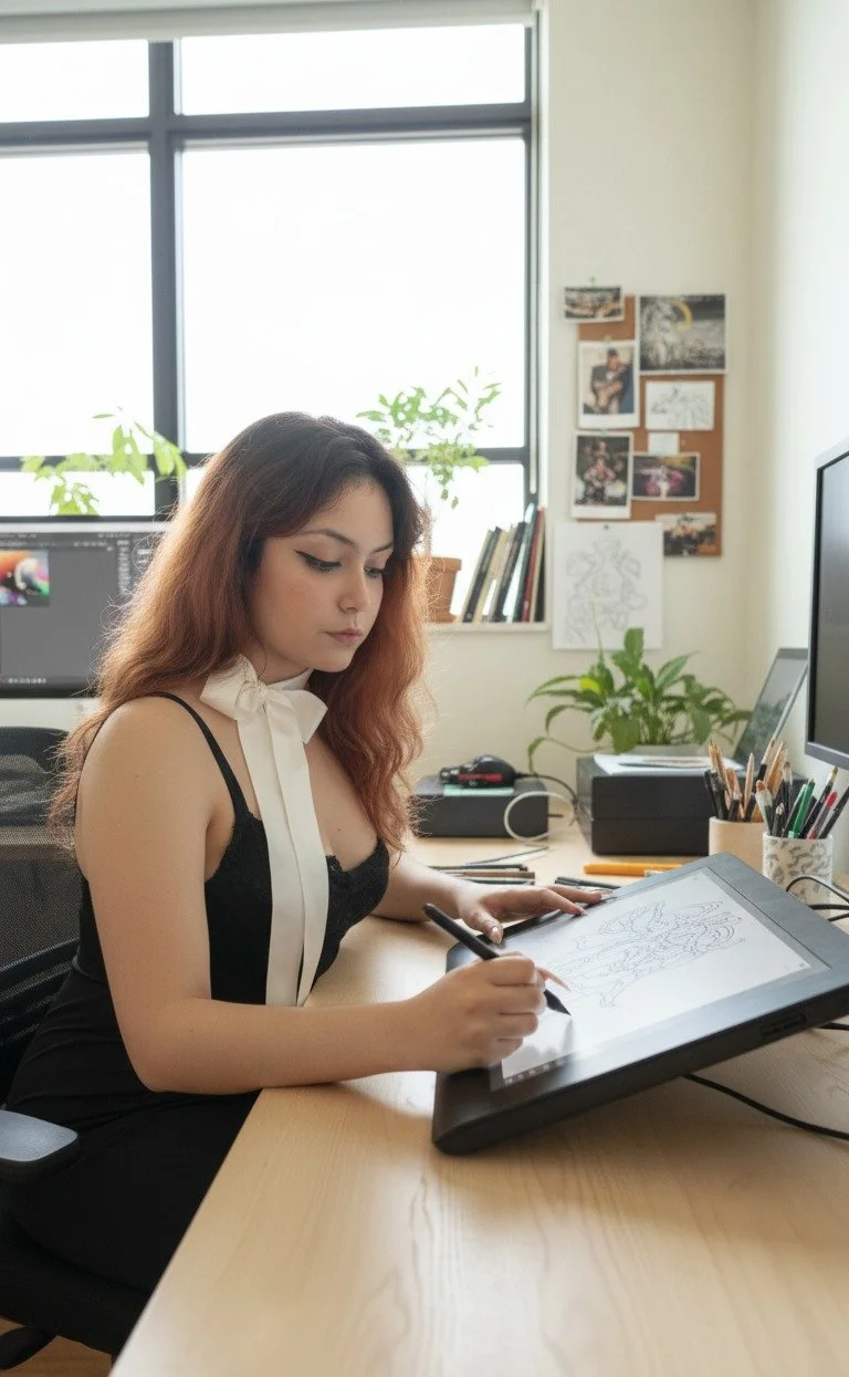 Mulher jovem sentada em uma mesa de escritório, usando roupa preta com detalhe branco, desenhando em uma mesa digitalizadora, com computadores, livros e plantas ao redor