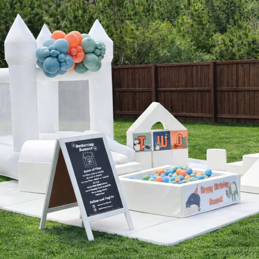 White Soft Play Rental with Balloons, Ball Pit Balls fully customized to match the theme for a birthday party in Charleston, Mount Pleasant, Daniel Island, Summerville, SC