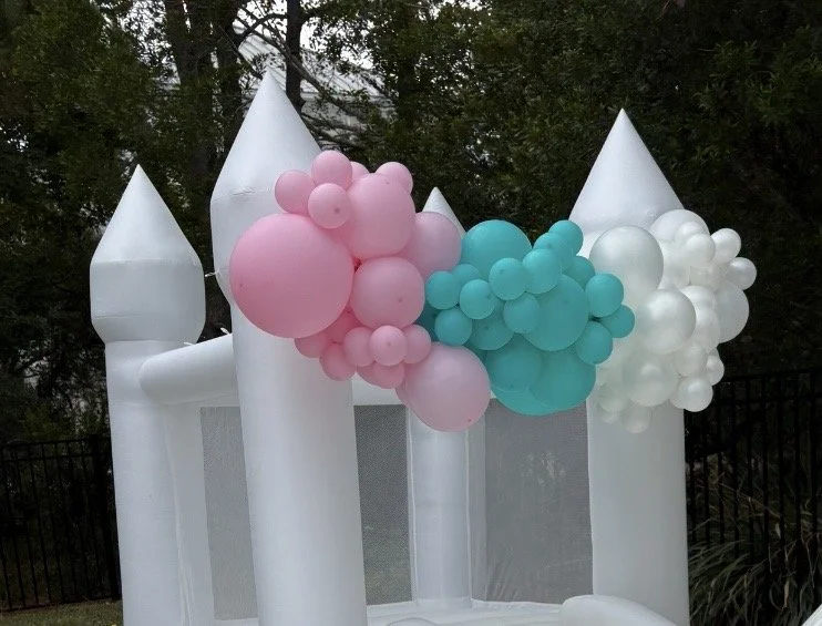 Mini toddler Bounce House with balloon garland for a girls 1st Birthday party in Charleston, SC.