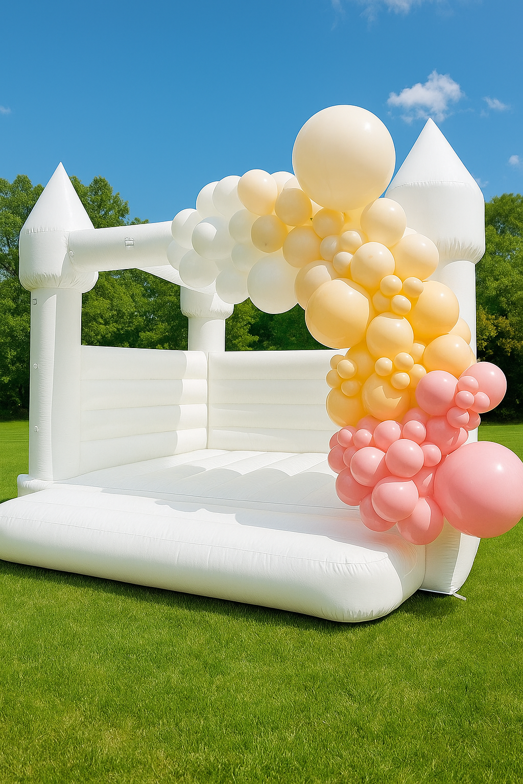 White Bounce House at a venue in Charleston, SC. The Bounce House has a lush balloon garland draped over the corner of the Bounce House