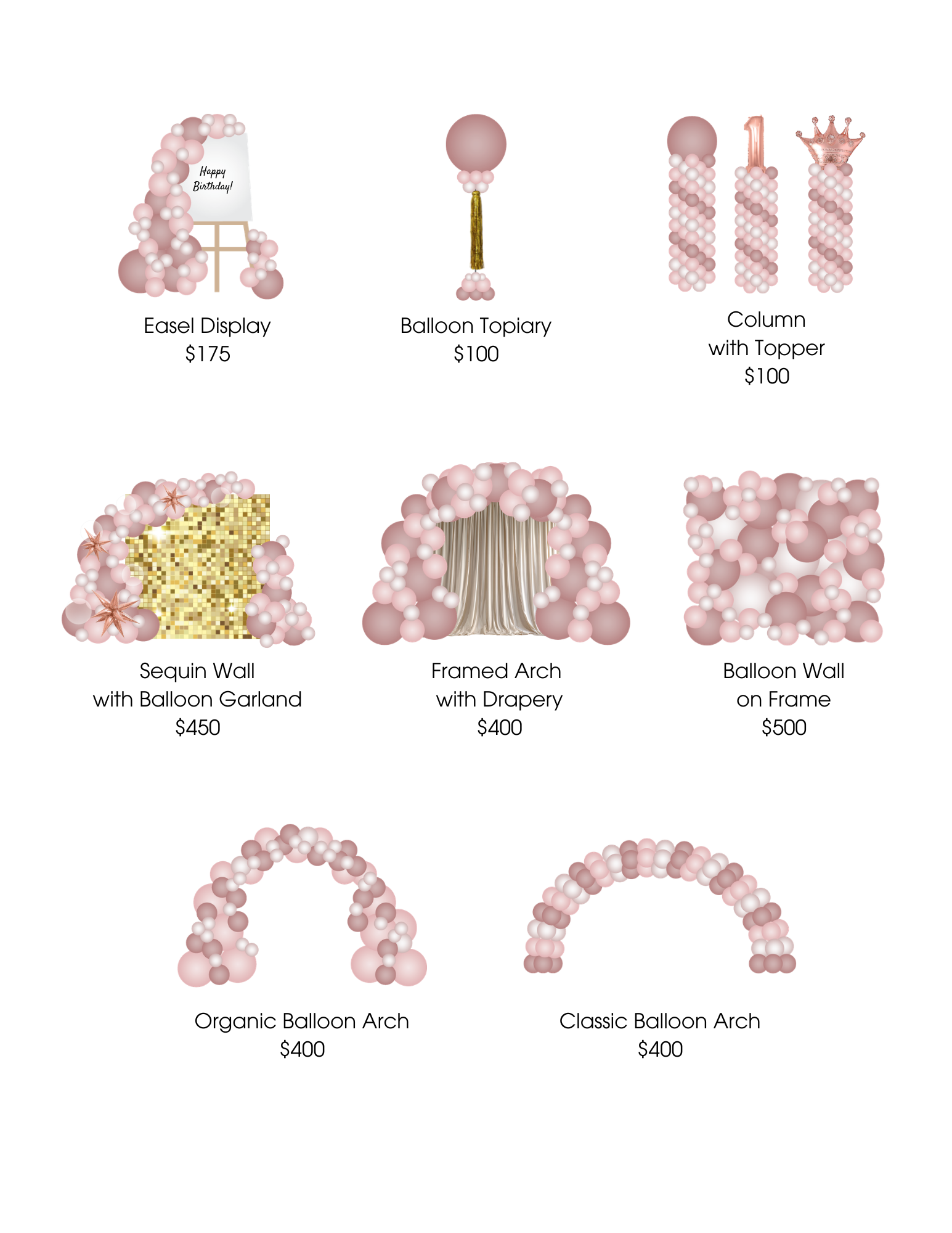 Balloon Menu for Event Decor and Rentals in Charleston, SC