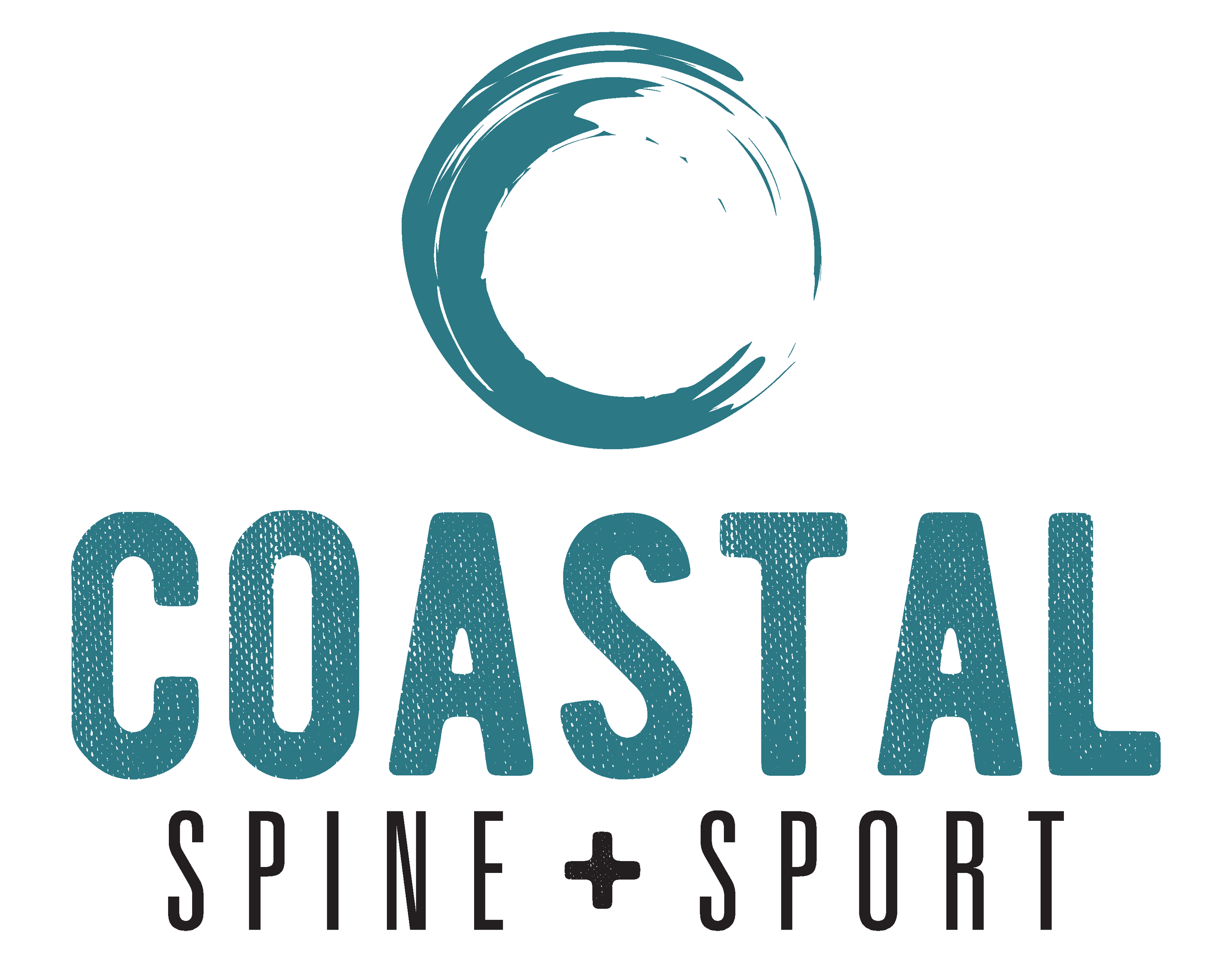Coastal Spine + Sport logo featuring a blue circular brushstroke design above the bold text 'COASTAL' with a textured appearance, and 'SPINE + SPORT' in black capital letters beneath.