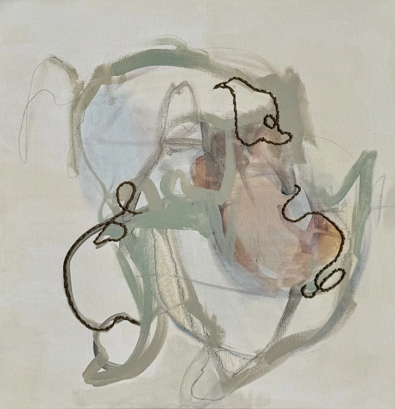Inner Orbit, contemporary abstract mixed media painting with hand-stitched tapestry wool in soft blue, sage, blush, and neutral tones inspired by bird flight paths.