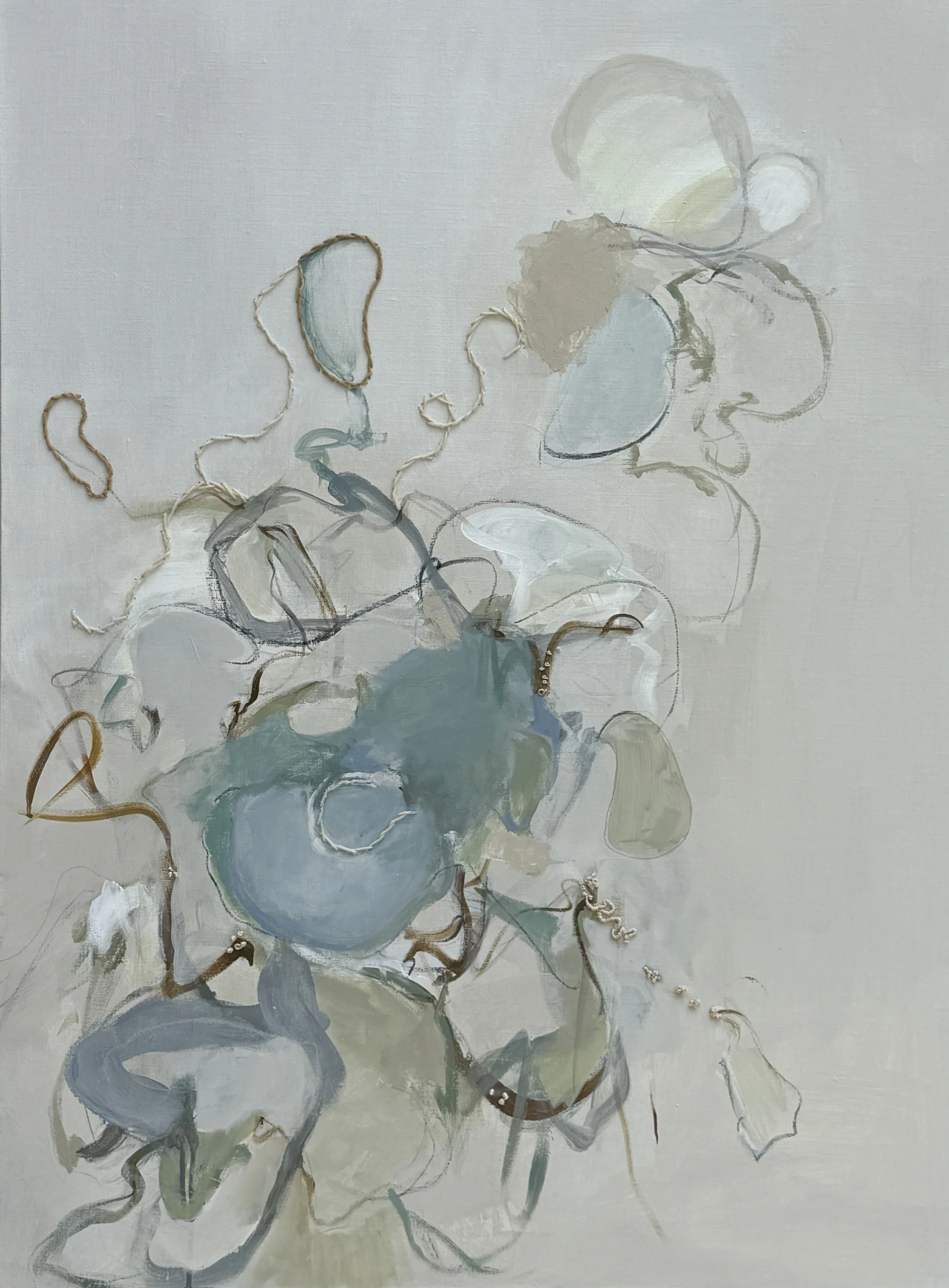 Elemental Drift, contemporary abstract painting by Julie Spencer featuring acrylic paint, charcoal, and hand-stitched tapestry wool in soft blue, green, gray, and neutral tones. Nature-inspired textured artwork for modern coastal interiors.