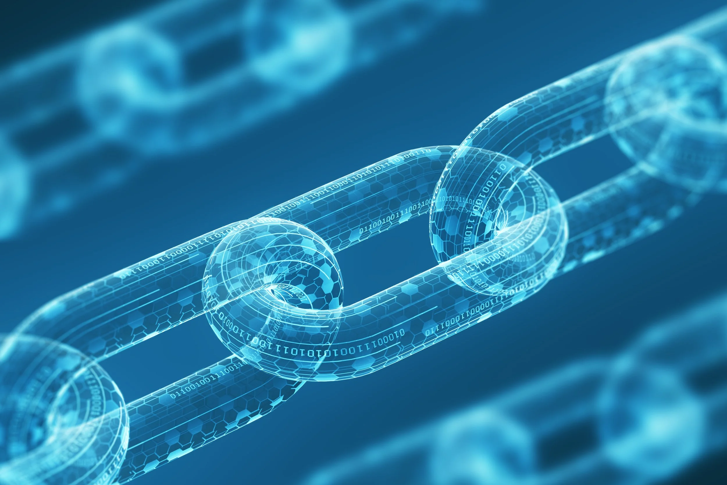 A digital rendering of a chain link made of glowing blue lines and hexagonal patterns, with binary code and digital effects, symbolizing blockchain technology.