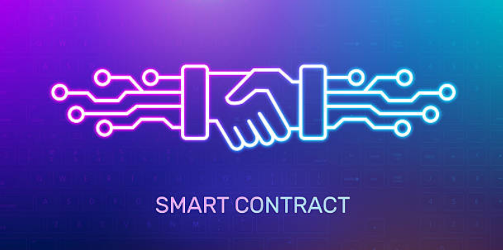 Neon digital illustration of two hands shaking, with circuit lines extending from the hands, and the words 'Smart Contract' below.