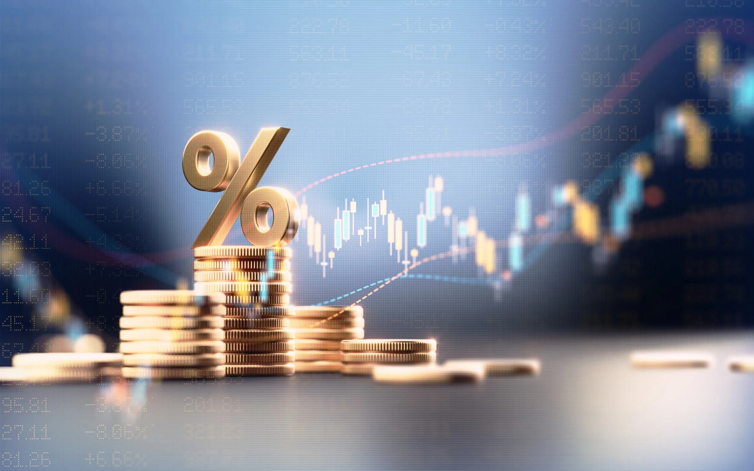 A stack of coins with a percentage symbol on top, with a financial chart in the background.