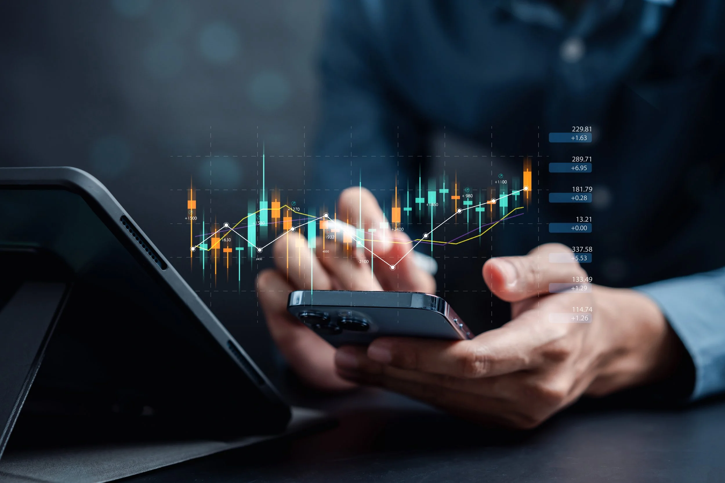 Person holding a smartphone with financial and stock market graphs and data superimposed