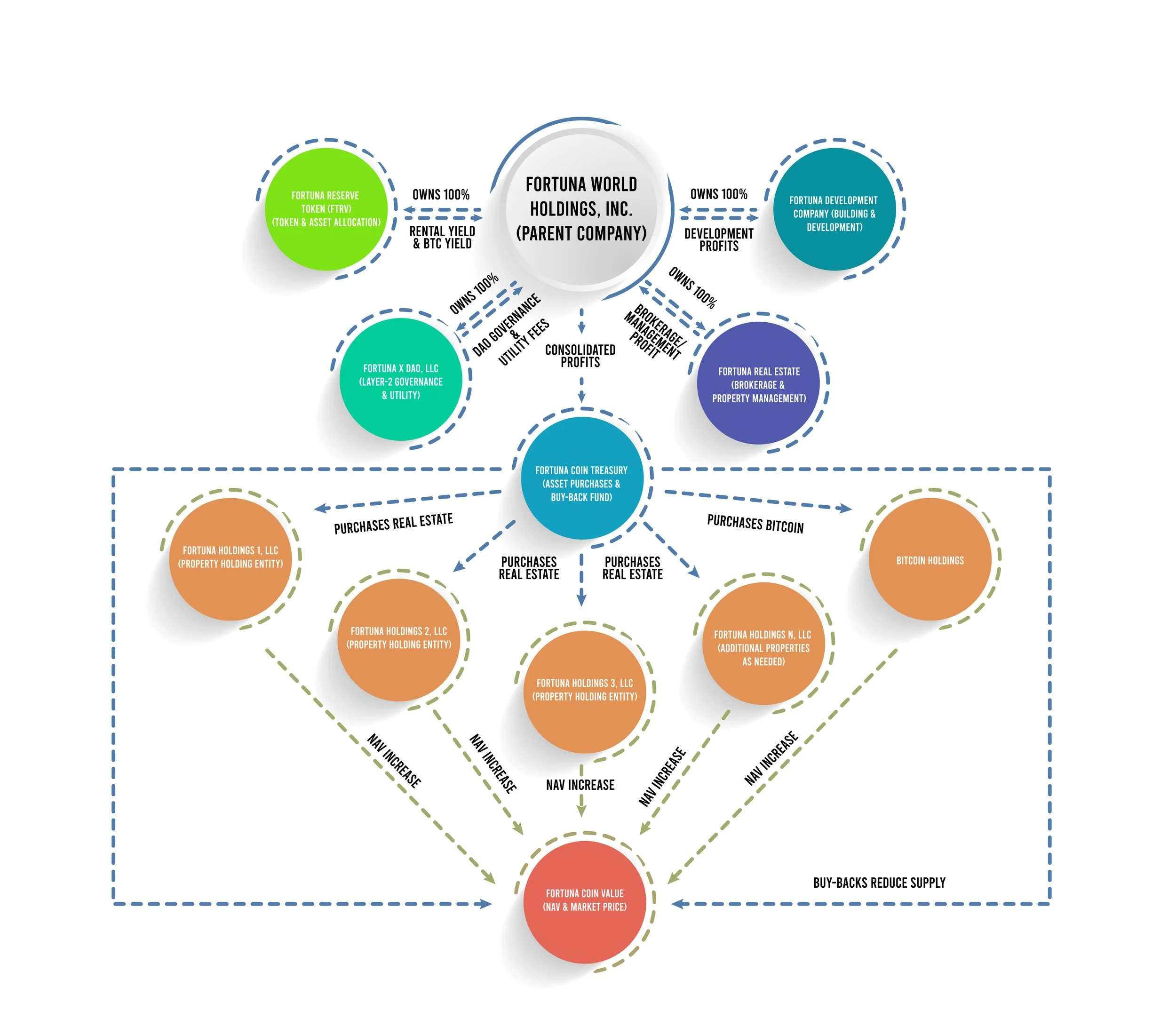 Flowchart illustrating ownership and transaction relationships of Fortuna World Holdings Inc., including its sub-entities, real estate acquisitions, and impact on coin value.