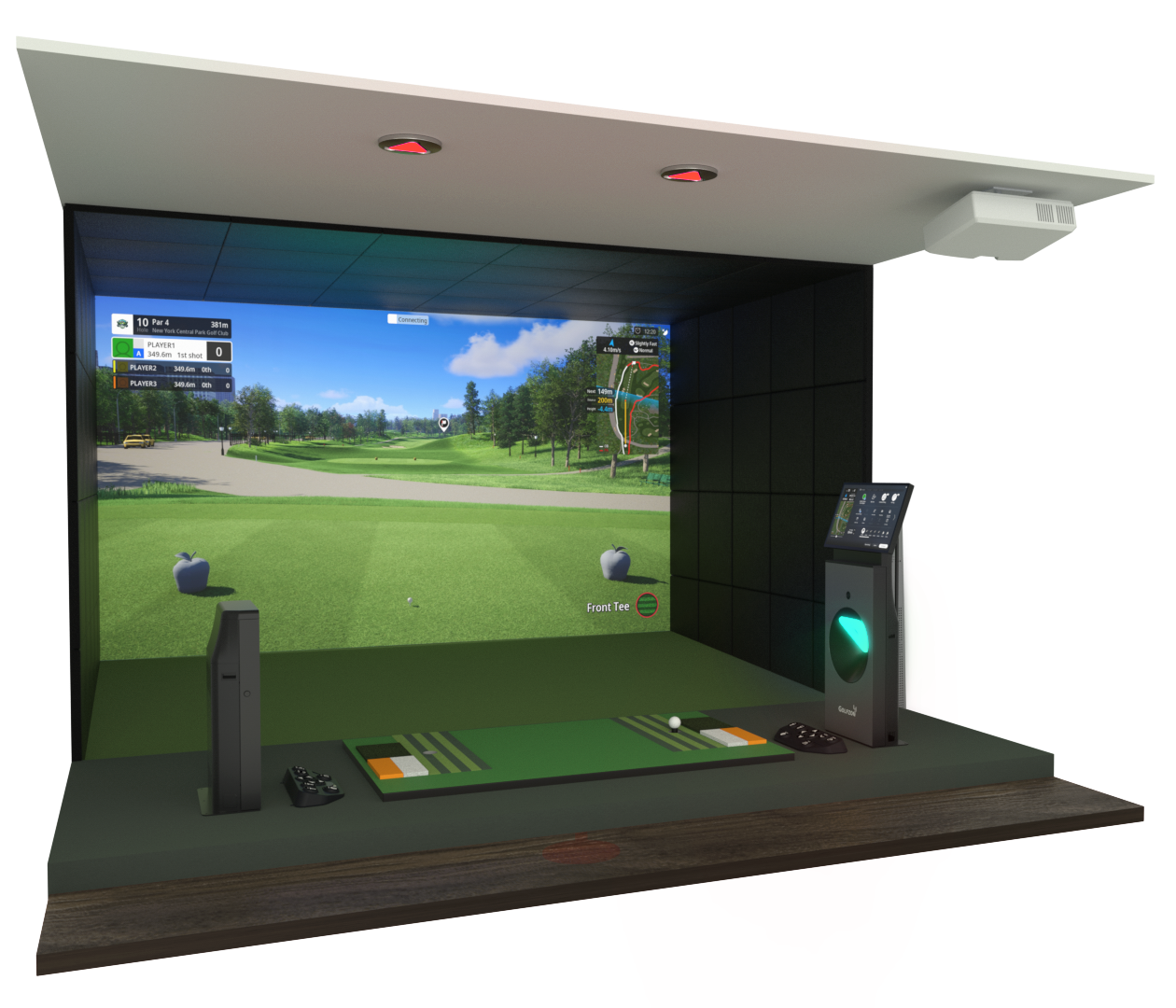 Indoor golf simulator showing a virtual golf course with information on the screen, a golf ball on a mat, and control equipment.