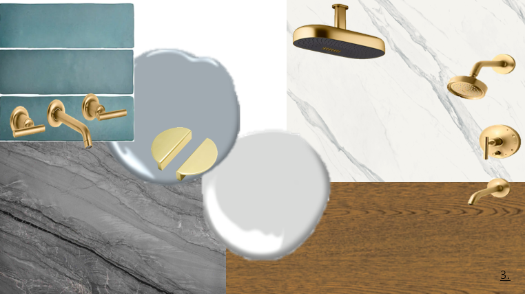 A bathroom with gold fixtures, including a shower head, handheld shower, and faucet, with a marble wall, subway tiles, and wood surface.