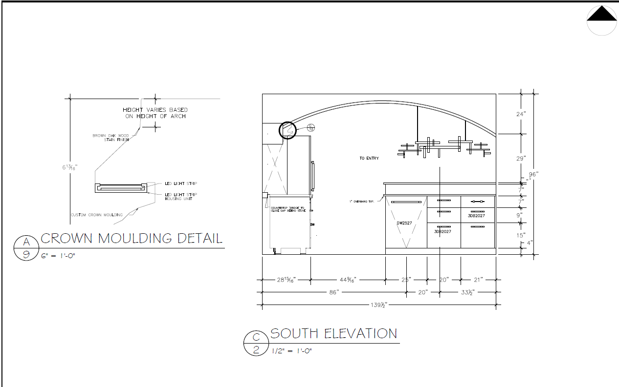 Architectural blueprint of crown molding detail and south elevation with measurements and labels, including LED light strip housing, custom crown moulding, and various dimensions.