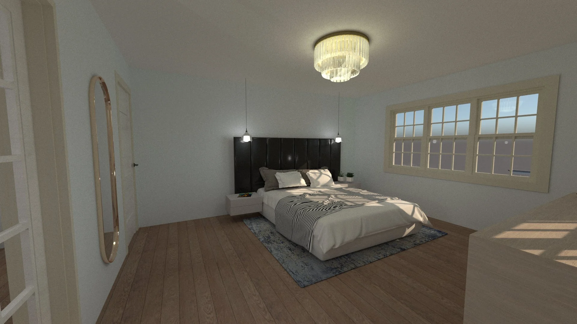 Living room with wooden furniture, including a coffee table on a rug, a sideboard, a chair, and a small side table with a lamp. An open book is on the coffee table.