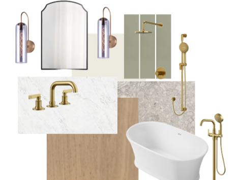 Collection of bathroom fixtures including wall-mounted lights, mirror, showerhead, shower arm, bathtub faucet, and handheld shower fixture with gold finishes.