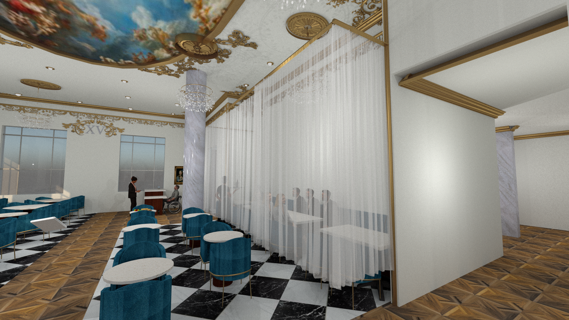 Interior of a luxurious room with blue chairs, white tables, a checkered black and white floor, white walls with gold accents, tall windows, and a ceiling painted with a scenic sky mural. Several people are present, including a person in a wheelchair and staff members.