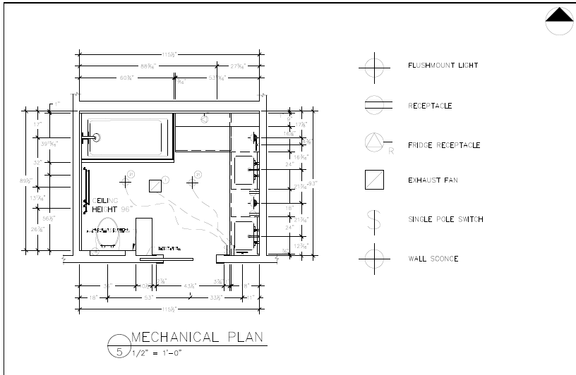 This is a mechanical architectural plan for a small room, showing detailed measurements, fixtures such as a sink, refrigerator, exhaust fan, and lighting, with icons indicating elements like flush mount light, receptacles, wall sconce, and switches.