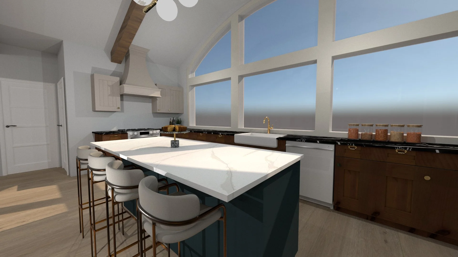 Modern kitchen with large white marble island, bar stools, large arched window, white sink, gold faucet, and wooden cabinets.