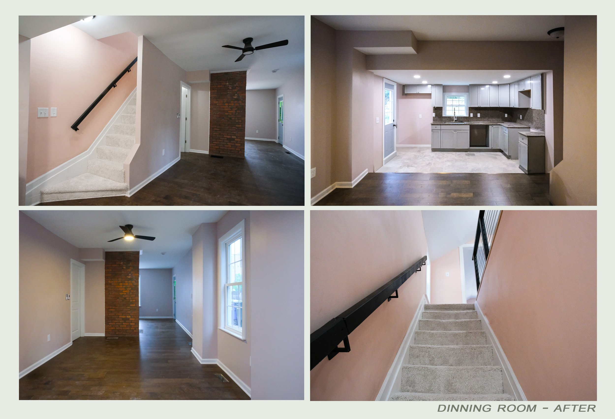 After renovation, the dining room features hardwood flooring, a brick accent wall, a ceiling fan, and neutral-colored walls, with visible kitchen area and staircase.