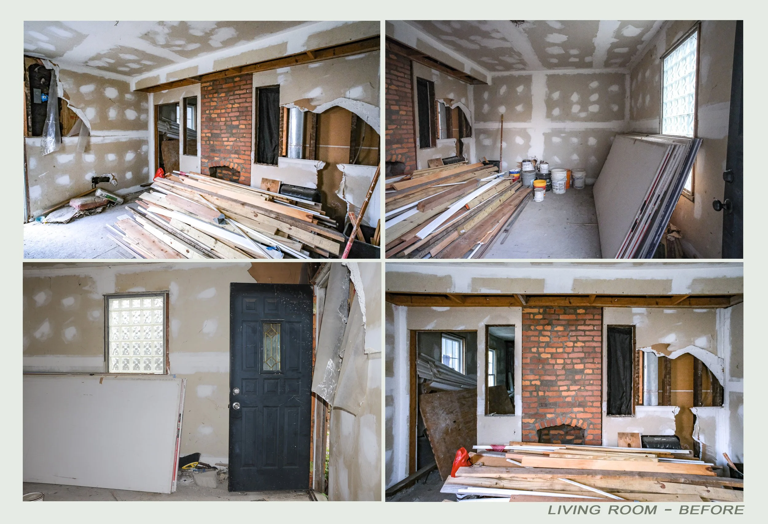 Interior view of a living room under renovation with unfinished drywall, exposed brick walls, construction materials, and tools. The room shows drywall seams not yet painted, construction debris on the floor, and a mix of brick and drywall walls.