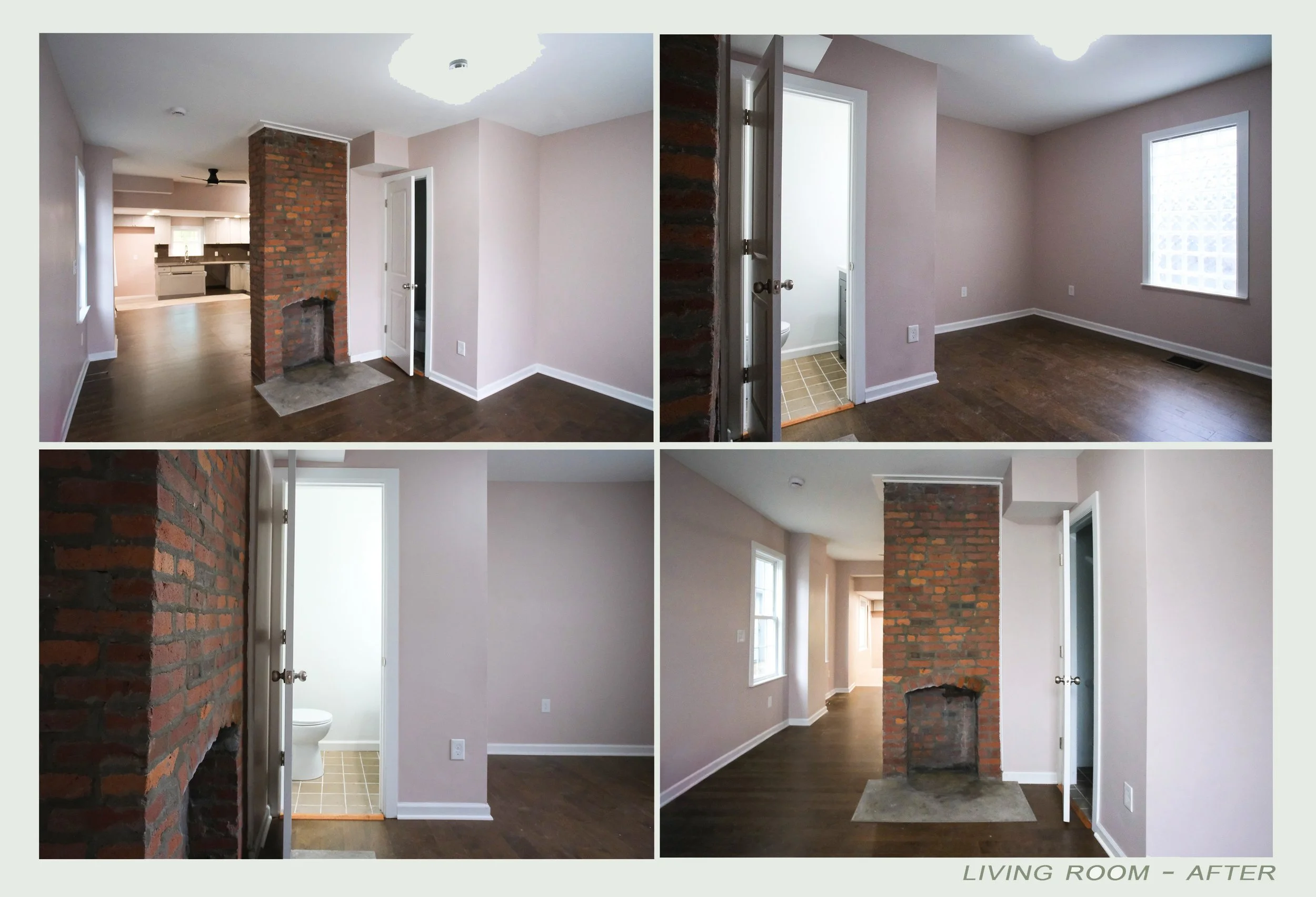 Before and after images of a living room renovation showing new paint, flooring, and added brick accents, with a view of the kitchen and a small bathroom.