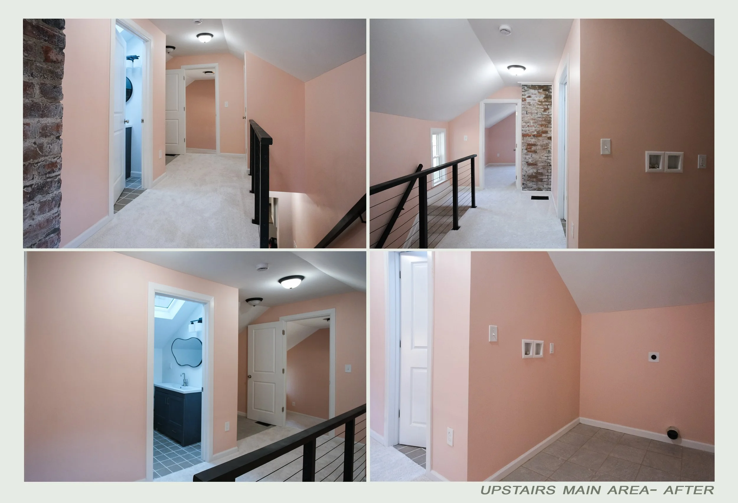 Images showing the upstairs main area of a house after renovation. The photos display peach-colored walls, a ceiling light fixture, windows, a staircase with a black railing, brick accent wall, and a small bathroom with a dark vanity and a mirror.