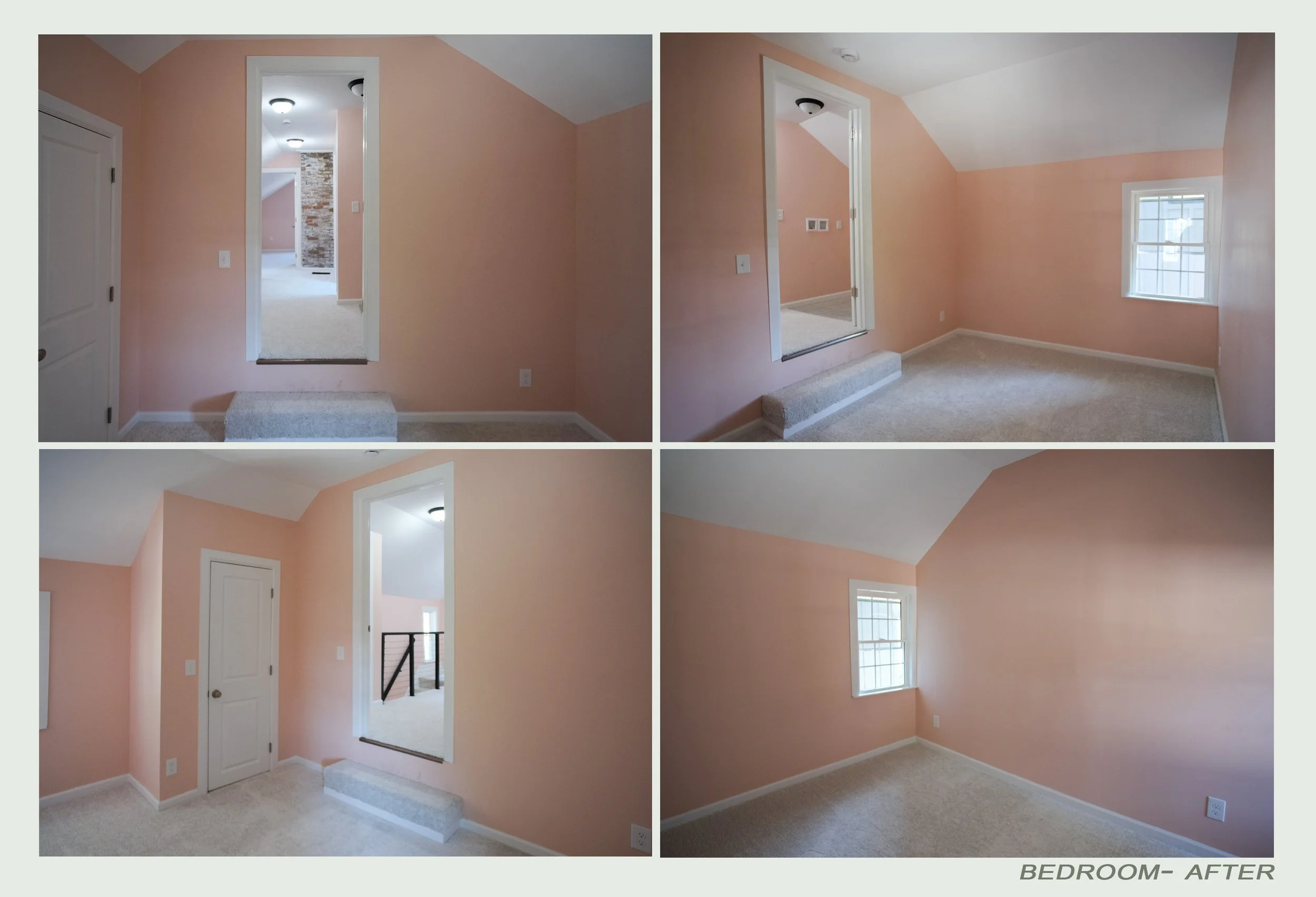 Photo collage showing a bedroom after renovation. Top left: hallway with peach-colored walls, doorway leading to an area with a brick accent wall. Top right: corner of the room with peach walls, a small window, and beige carpet. Bottom left: hallway 