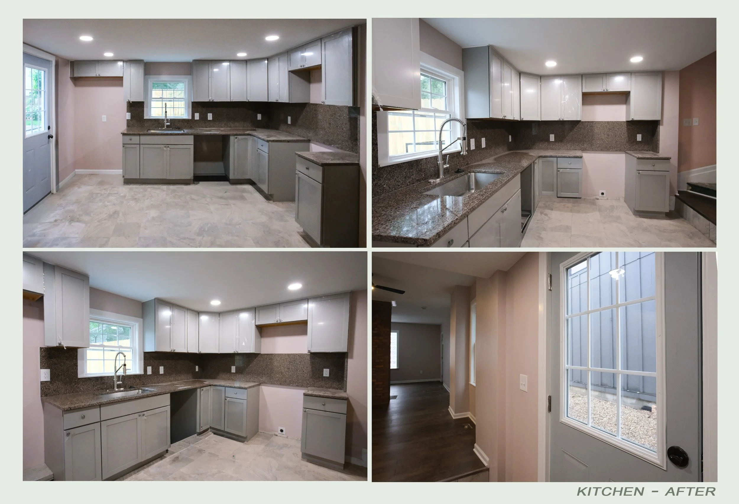 Before and after photos of a kitchen renovation showing white cabinets, granite countertops, a stainless steel sink, and windows with a backyard view; the after photo highlights new, clean finishes.