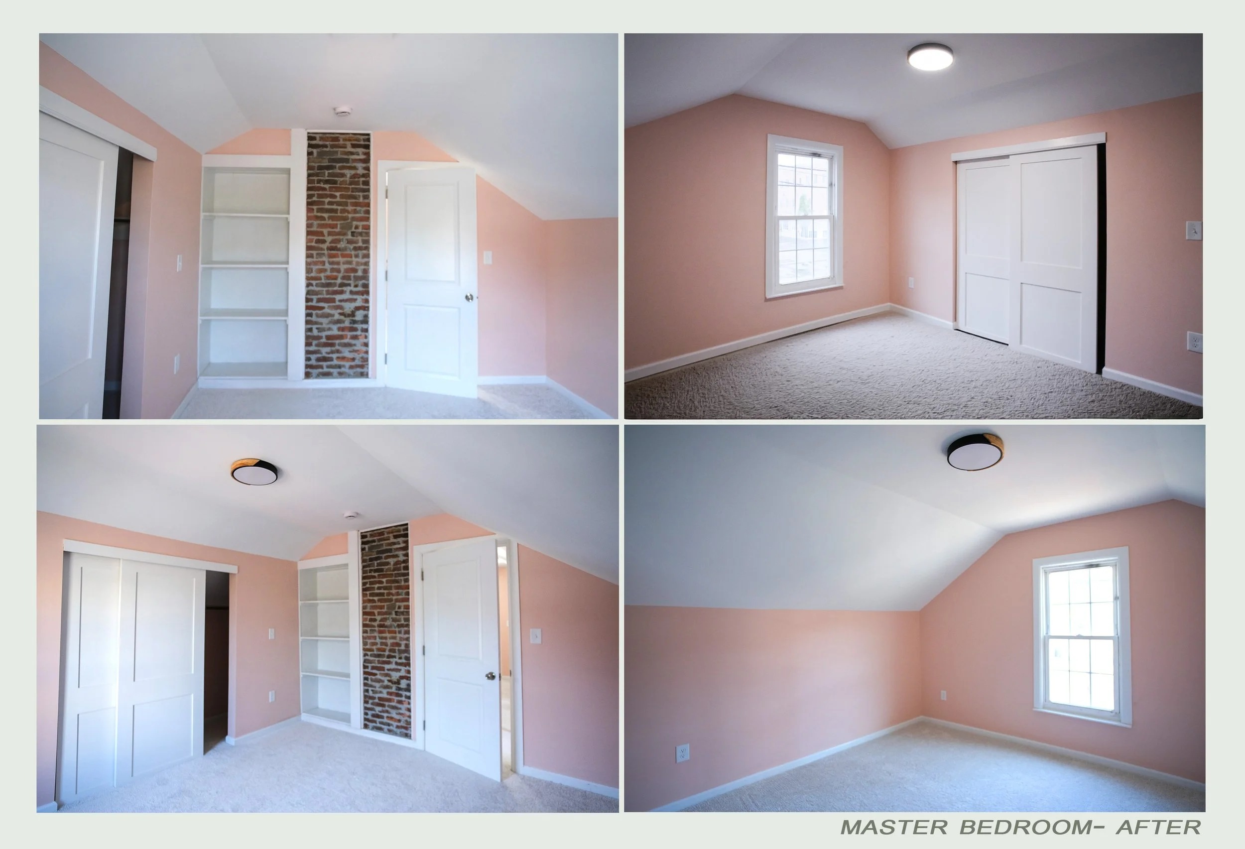 Before and after images of a master bedroom renovation, showing light pink walls, white trim, a window, and a carpeted floor, with a brick accent wall and closet doors.