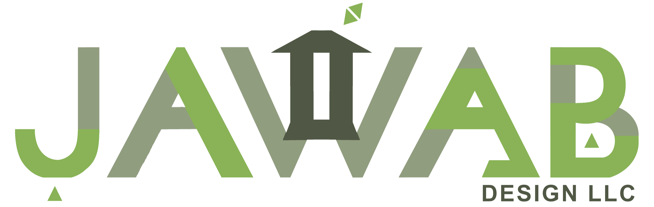 Logo for JAXIAB Design LLC, featuring stylized green and gray text with a triangular arrow pointing upward in the middle.