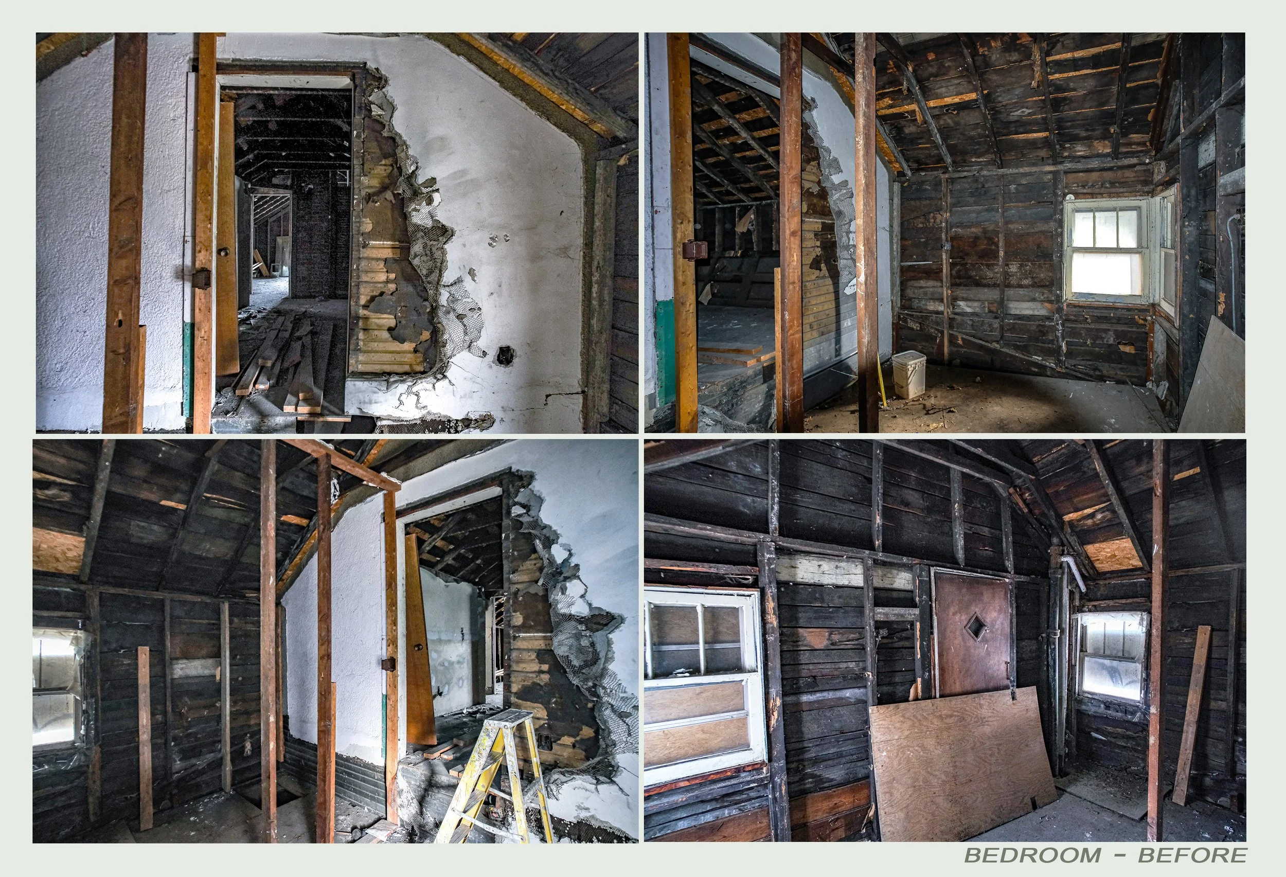 Before renovation image of a bedroom showing exposed wall framing, damaged drywall, and an unfinished ceiling with darkened wooden beams.