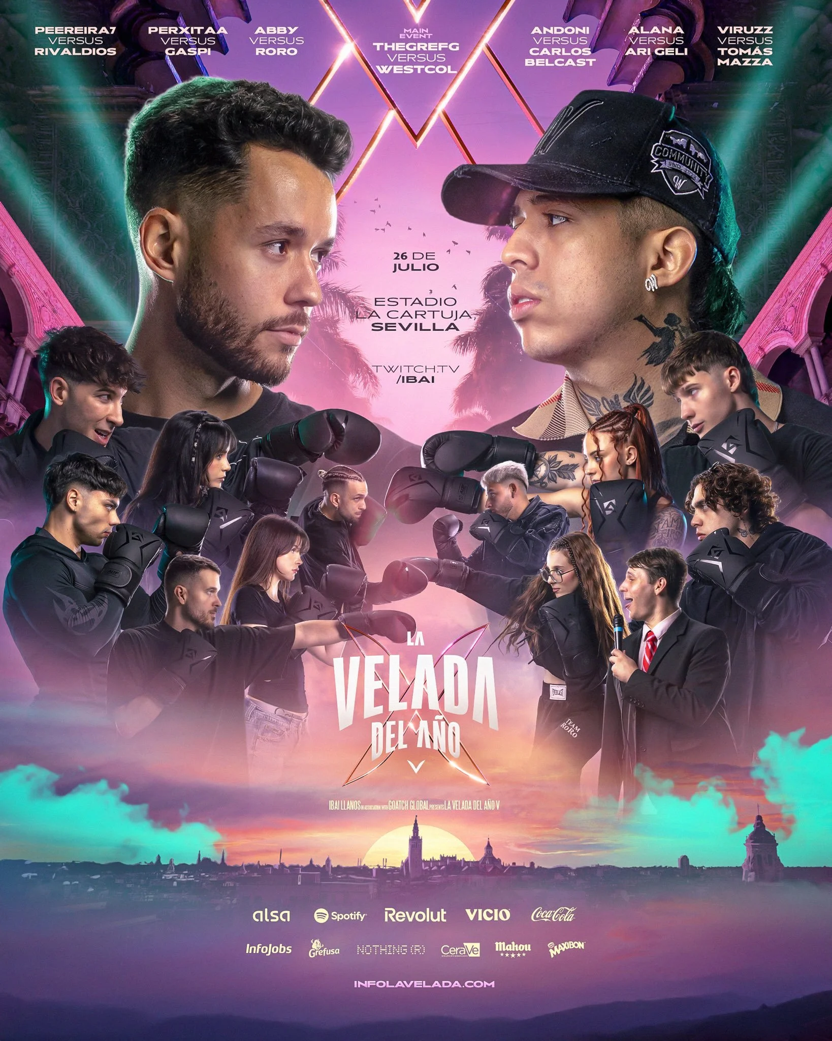 Promotional poster for a boxing event titled 'La Velada del Año,' featuring two main fighters facing each other with intense expressions, surrounded by other fighters in boxing stances, and event details including date, location in Seville, Spain, and streaming on Twitch.