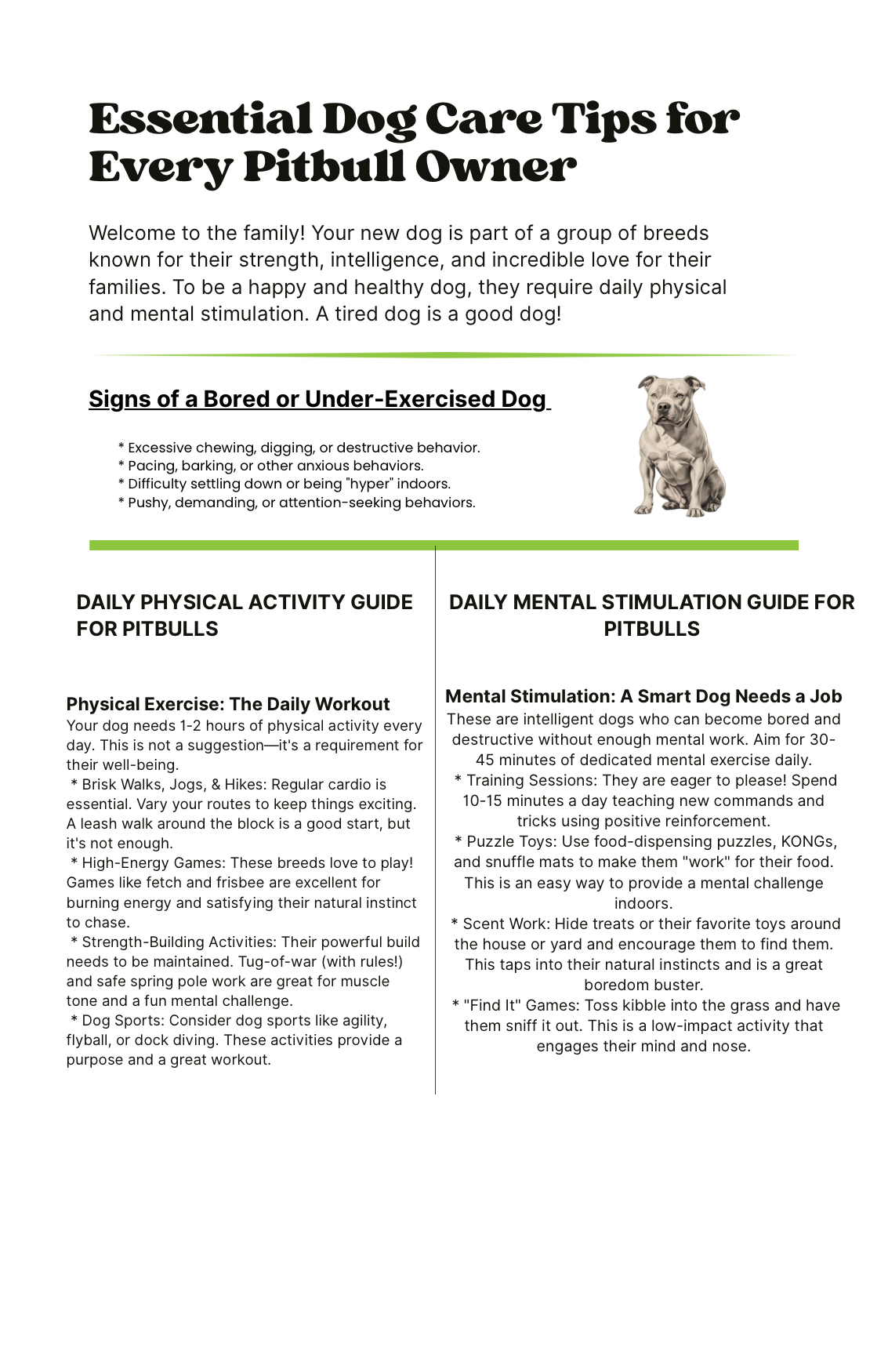 A flyer titled "Essential Dog Care Tips for Every Pitbull Owner." It includes a paragraph welcoming new dog owners and describes signs of boredom or under-exercise in dogs. The flyer is divided into two columns: one for daily physical activity tips for pitbulls and one for mental stimulation tips. The physical activity section emphasizes regular cardio, high-energy games, strength activities, and dog sports. The mental stimulation section suggests training, puzzle toys, scent work, and find it games. The flyer features a black-and-white illustration of a pitbull sitting on the right side.