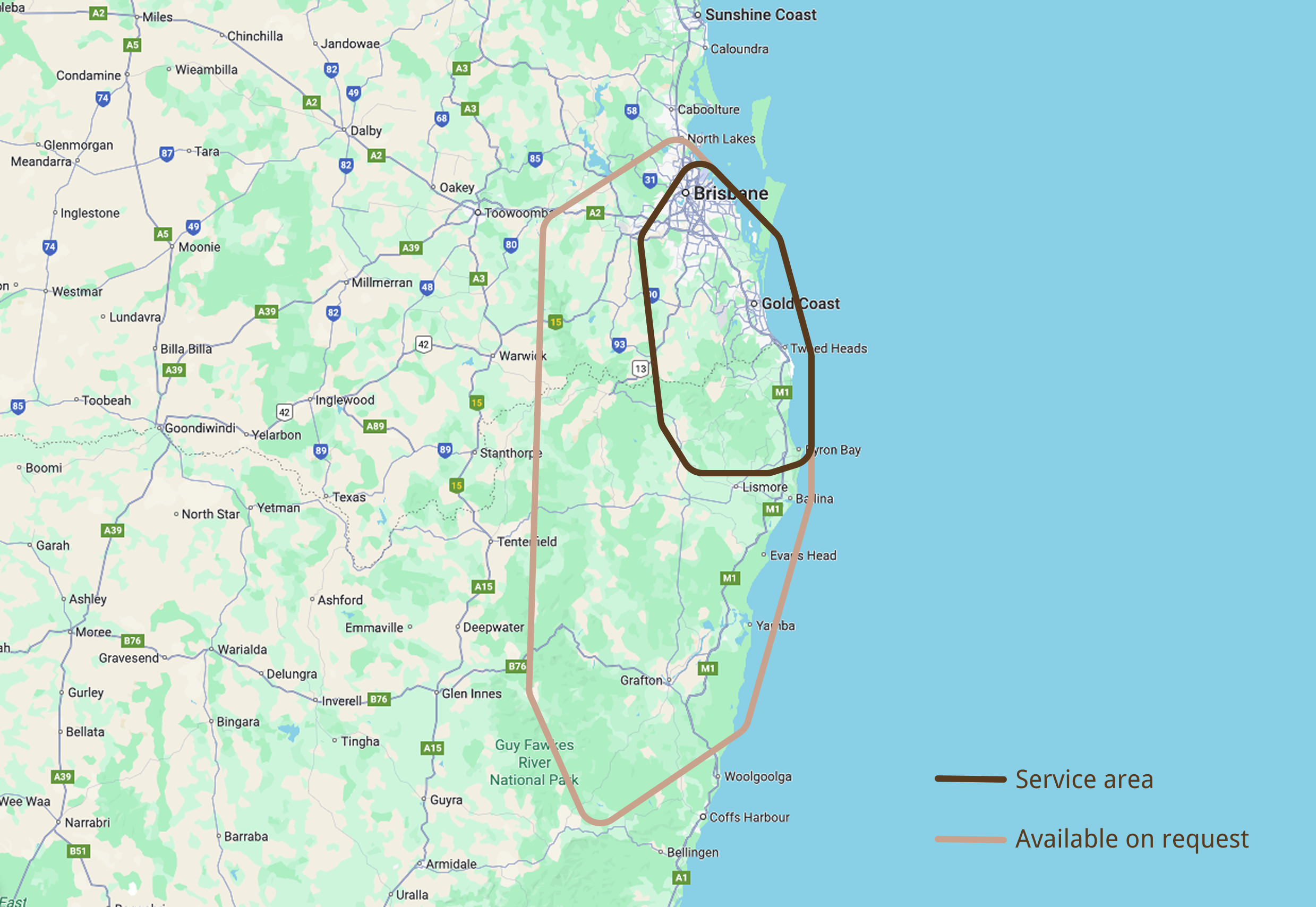 Map showing the service area (black line) and areas available on request (brown line) for a region in Queensland, Australia, including Brisbane, Gold Coast, and surrounding cities.