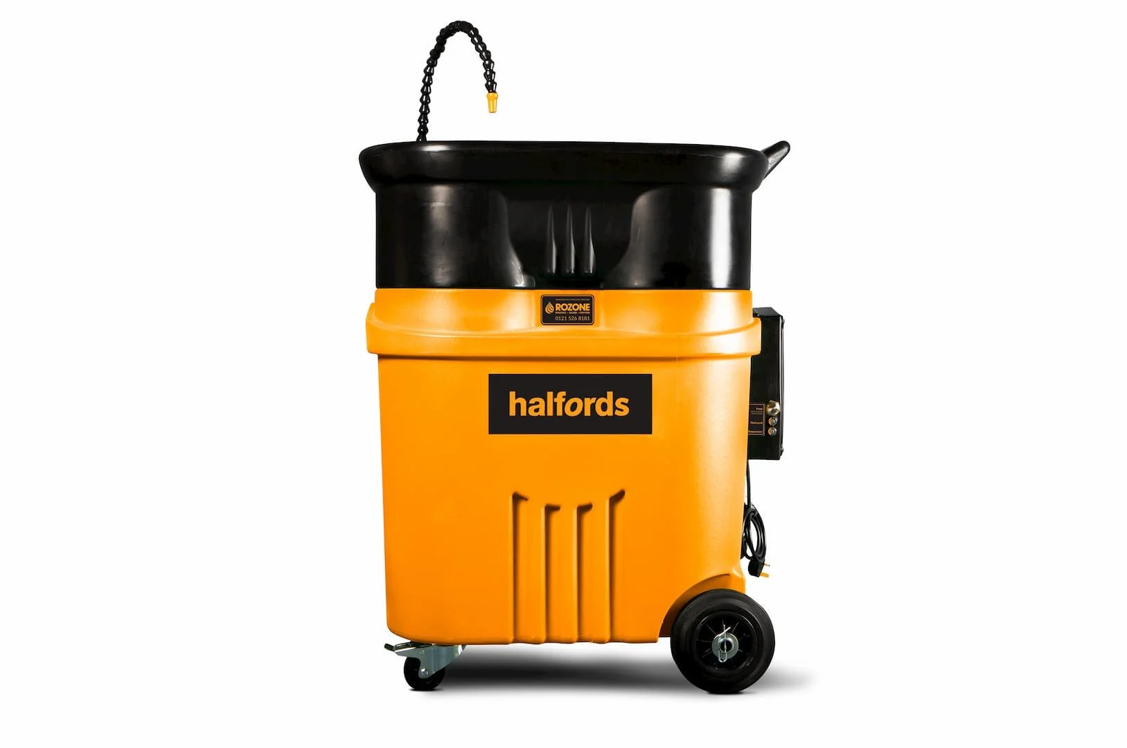 A yellow industrial hot water pressure washer with black components and a black hose attached to the top, labeled with logos from 'Halfords,' 'Rozone,' and other brands.