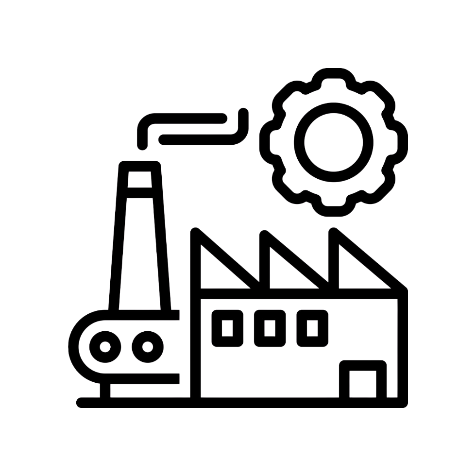 Line drawing of a factory with a chimney and a gear symbol above.