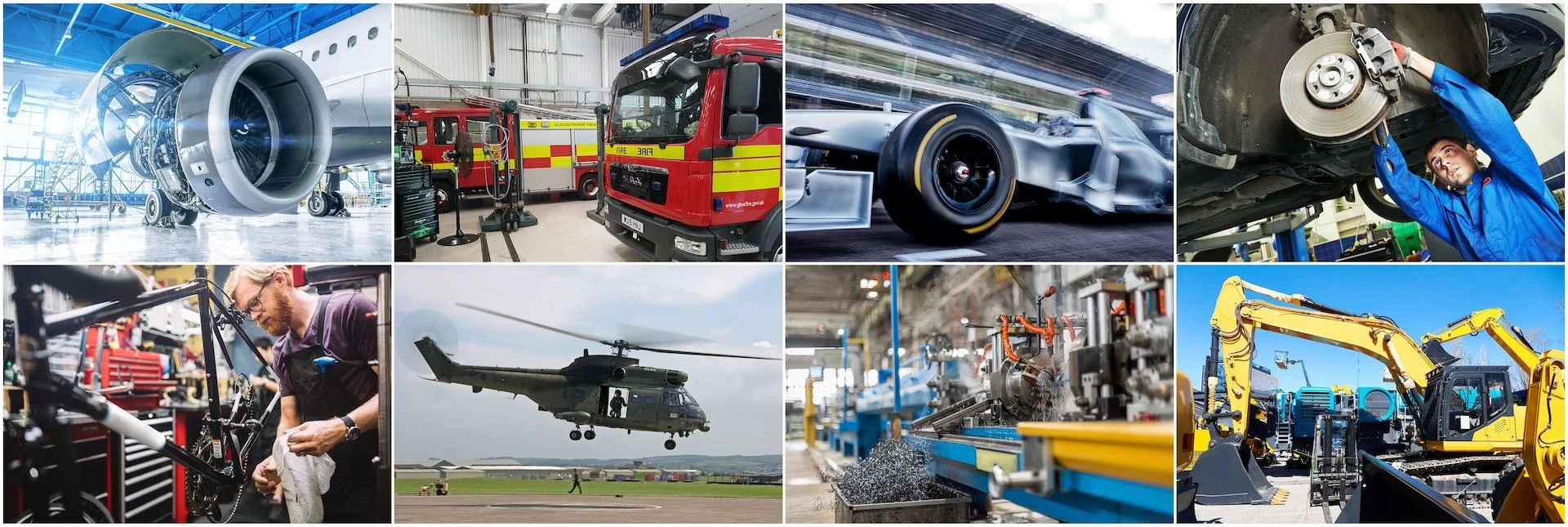 Collage of transportation and machinery images including an airplane in a hangar, fire trucks, a racing car, a mechanic working on a vehicle, a helicopter in flight, a factory with machinery, and construction equipment.