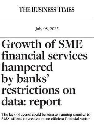 Newspaper clipping from The Business Times, dated July 8, 2025, with a headline about the growth of SME financial services being hampered by banks' restrictions on data, and a brief summary below.