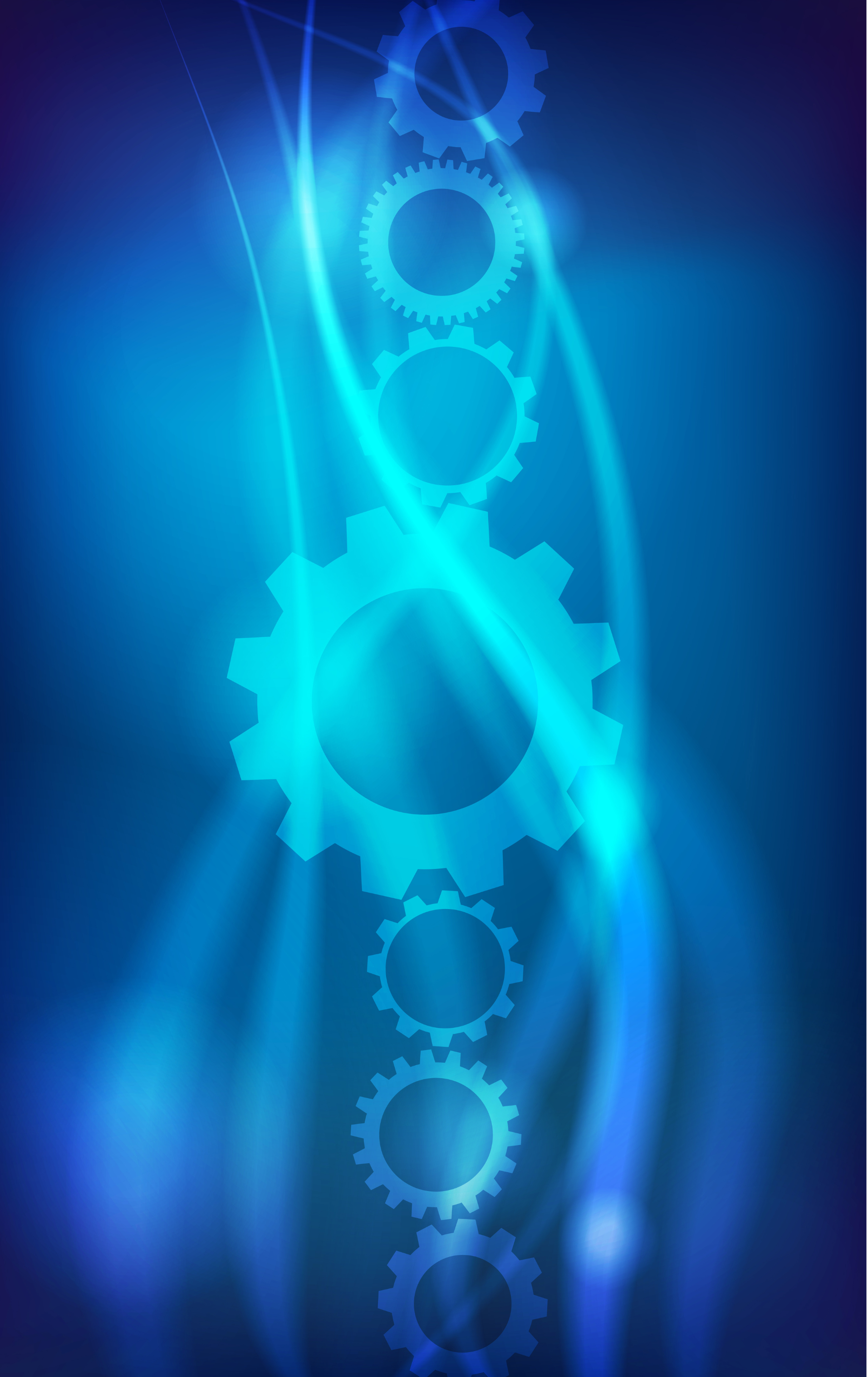 Digital illustration of glowing blue gears and cogs interconnected against a deep blue background with light streaks.