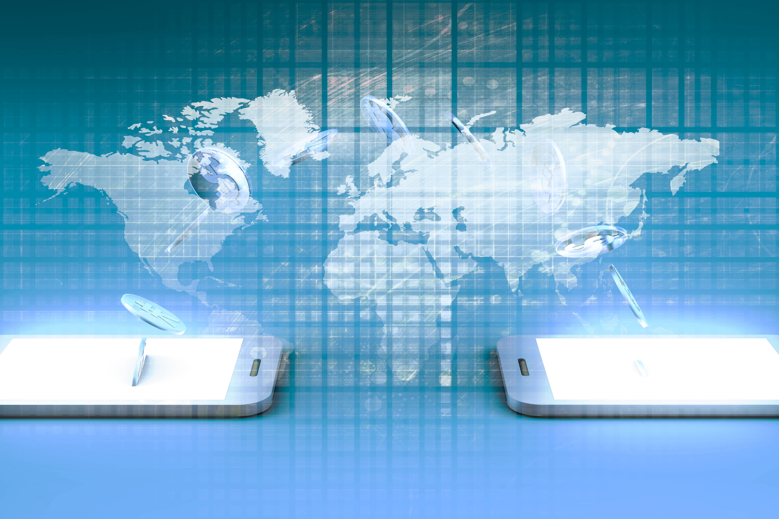 Digital illustration of a world map with holographic smartphones and coins floating above the devices, symbolizing global digital transactions and connectivity.