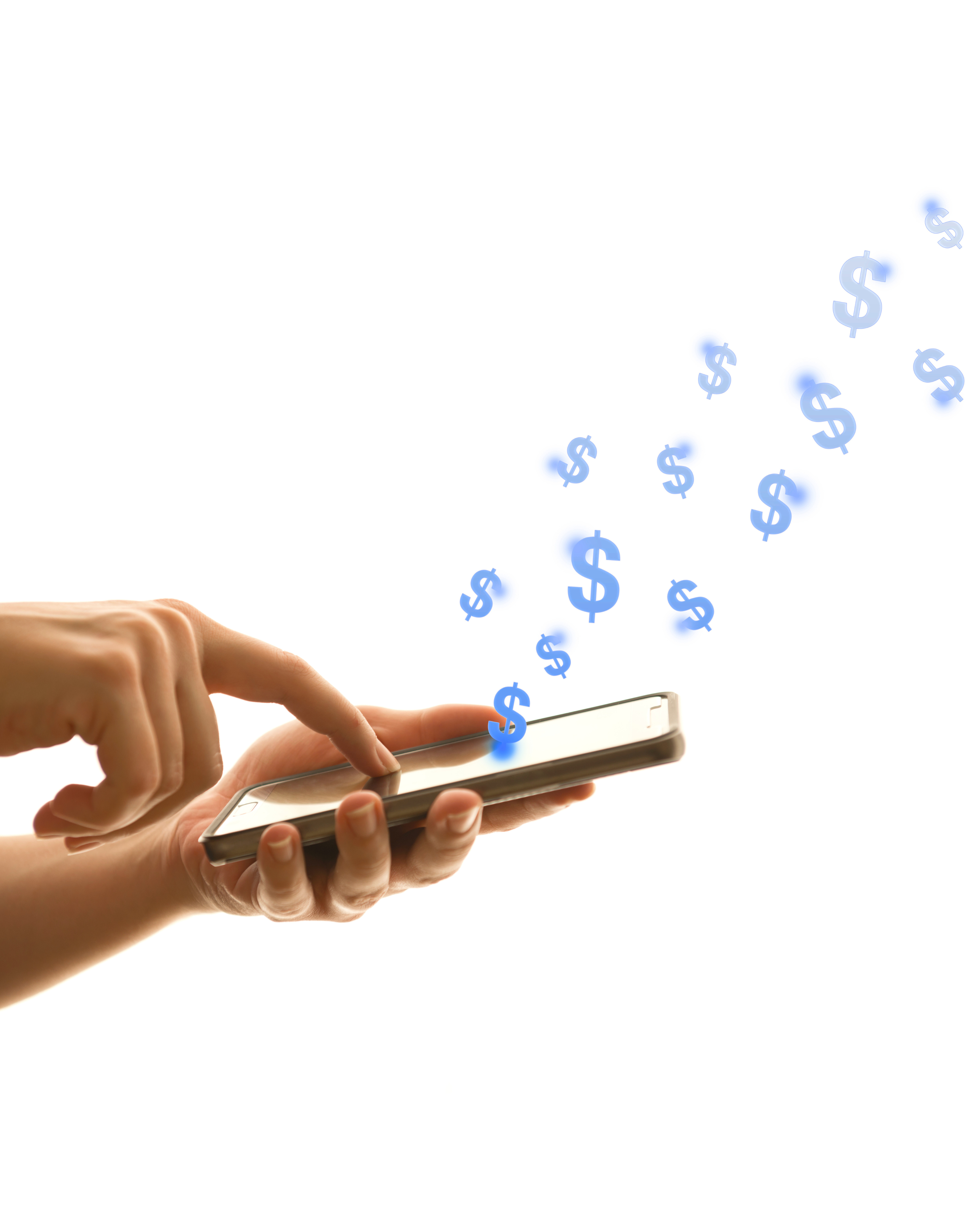 Person using a smartphone with blue dollar signs emanating from the screen.