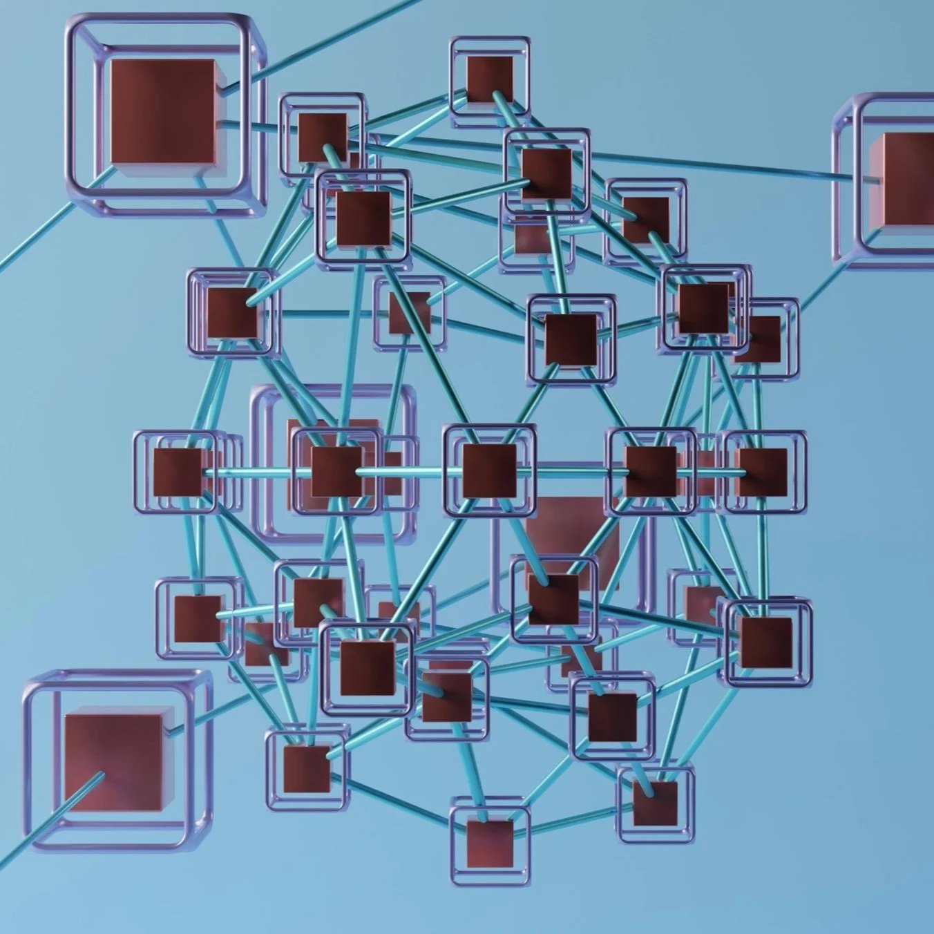 A digital illustration of a blockchain with interconnected squares and lines on a light blue background.
