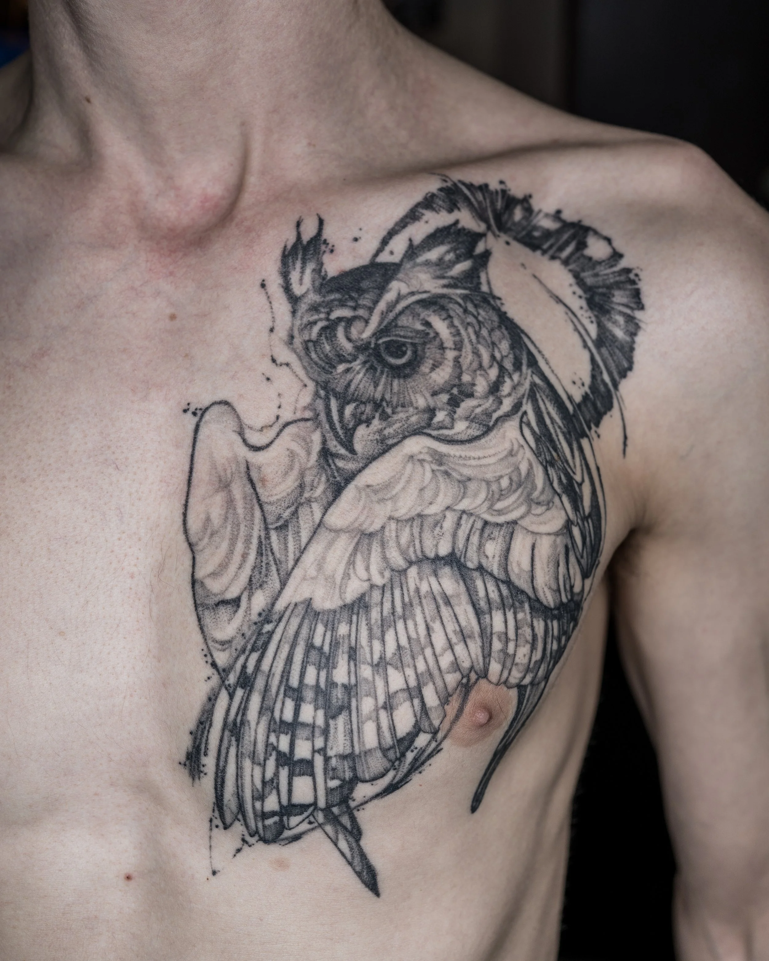 Black and grey chest tattoo of an owl with detailed wings by Jay C Tattoo, Brighton and Hove tattoo artist, UK
