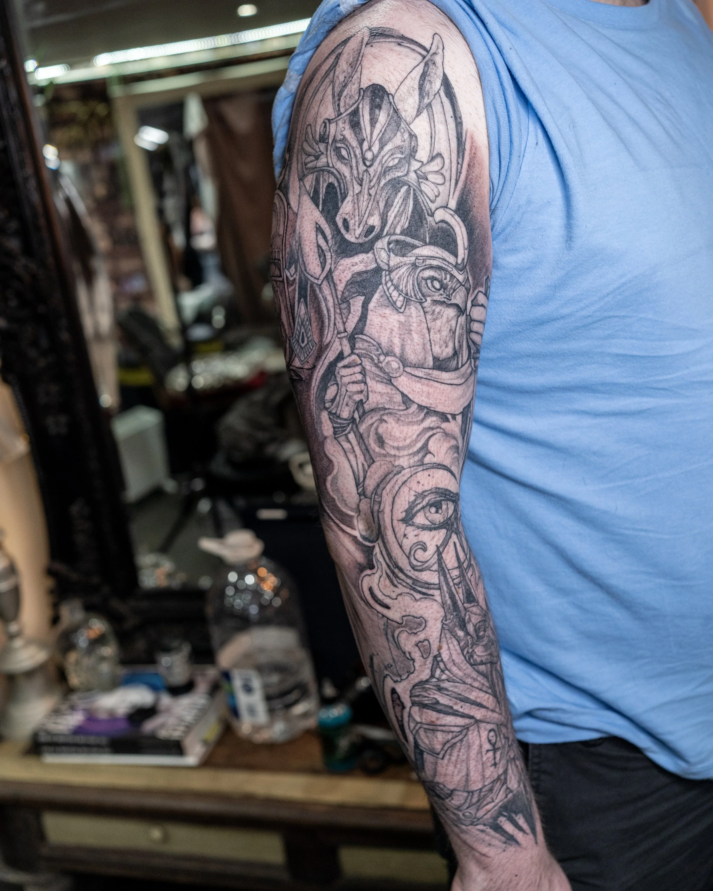 Black and grey tattoo sleeve Egyptian mythology by Jay C Tattoo, Brighton and Hove tattoo artist, UK
