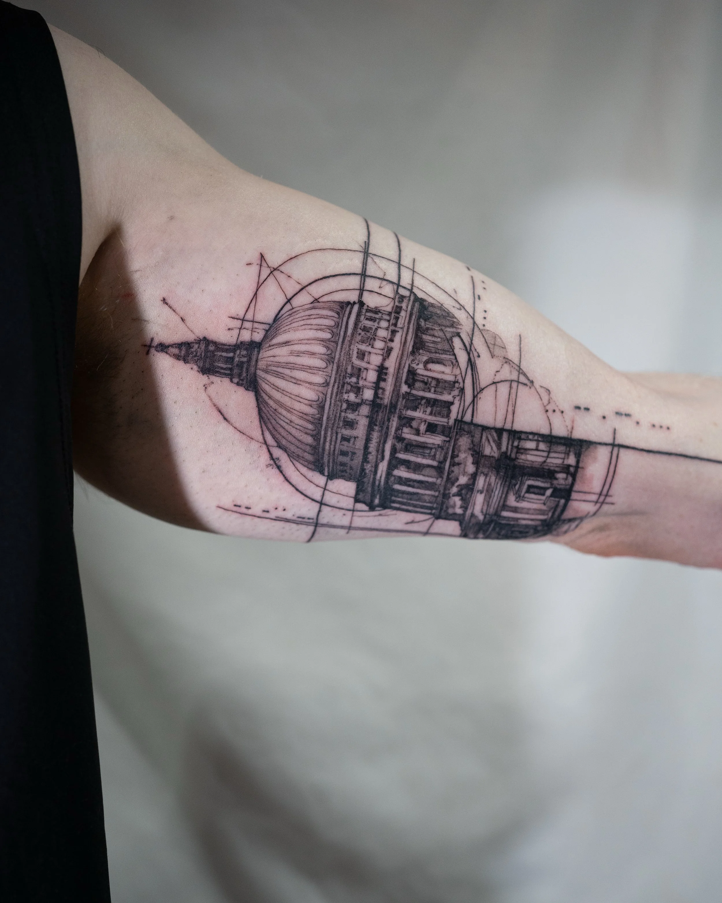 Black and grey tattoo of St Paul's Cathedral building in sketch and technical drawing style by Jay C Tattoo, Brighton and Hove tattoo artist, UK
