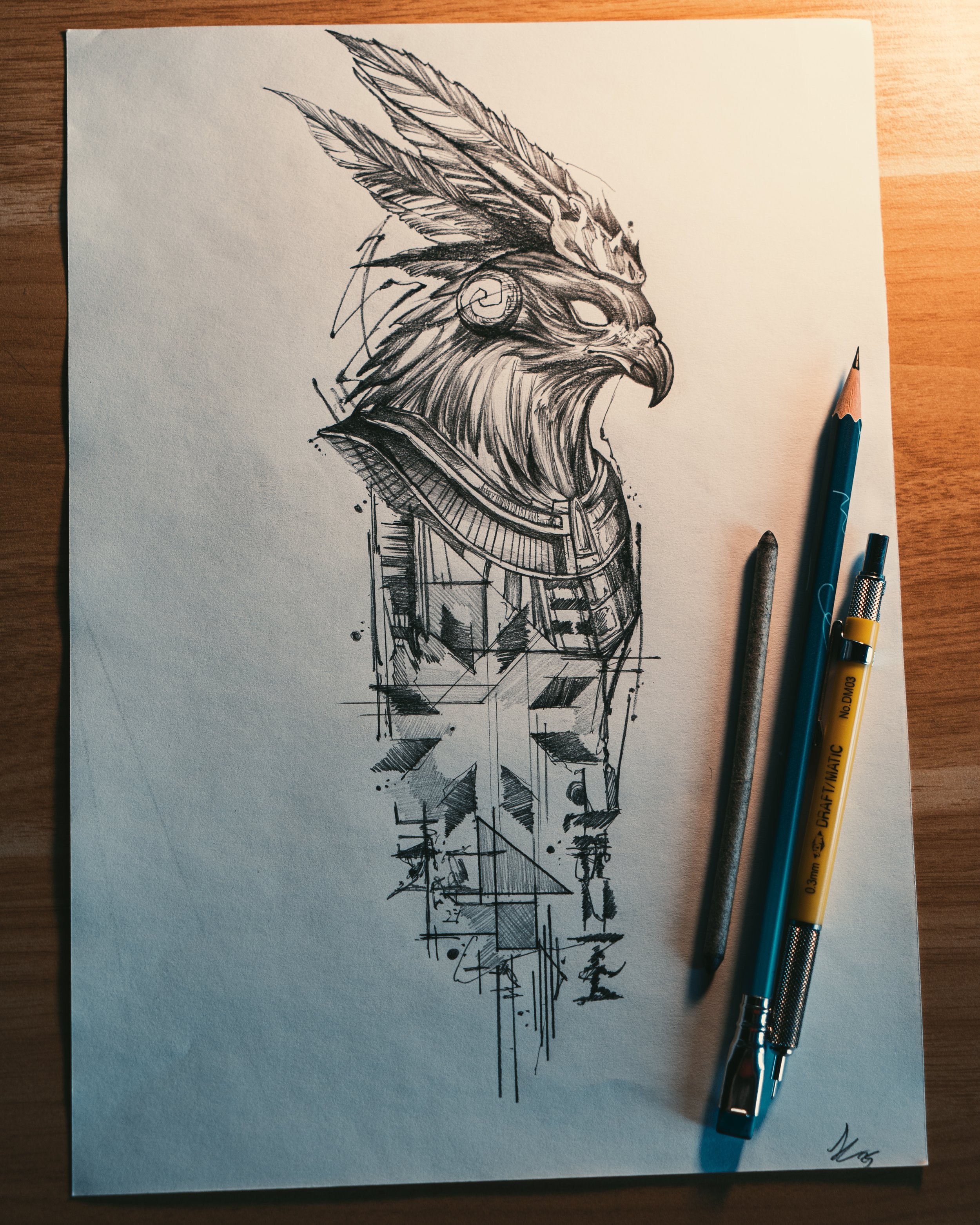 Pencil sketch tattoo design of a mythical bird-headed creature with feathers and armour by Jay C Tattoo, Brighton and Hove tattoo artist, UK