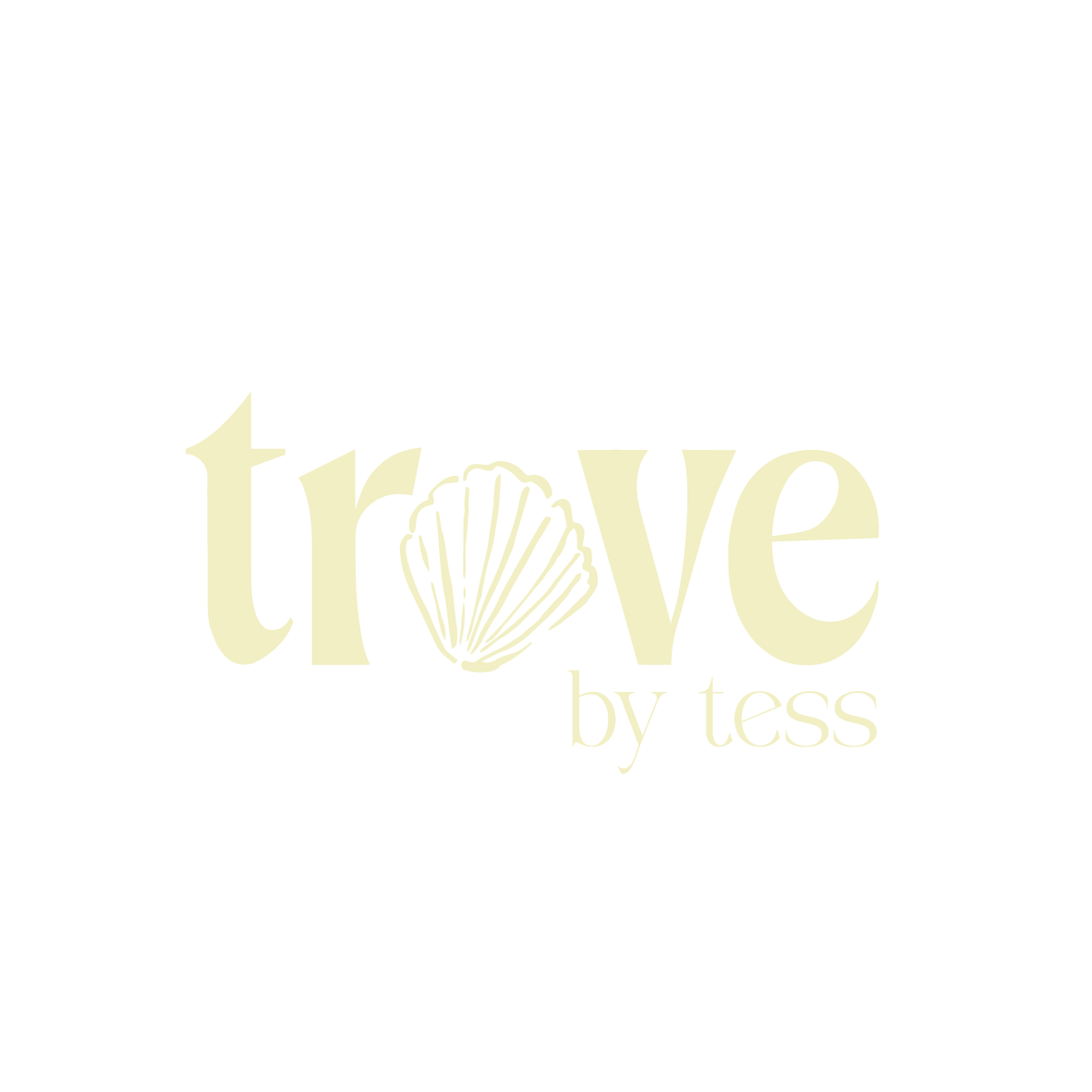 Logo with the words "Trove by Tess" featuring a seashell replacing the letter "o" in "Trove" on a black background.