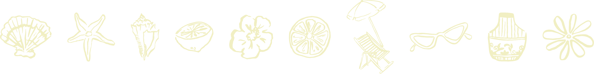 Line of beach and summer-themed doodles including a seashell, starfish, palm leaf, citrus slice, flower, lemon half, beach umbrella, sun glasses, sunscreen, and flower.